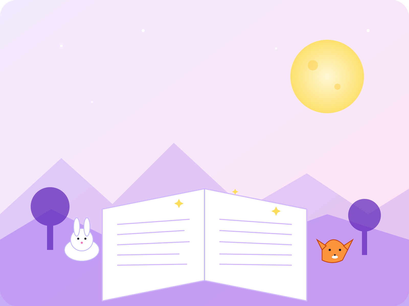Illustrated collage of personalized bedtime stories generated by Talevo featuring moonlit landscapes, friendly animals, and whimsical characters