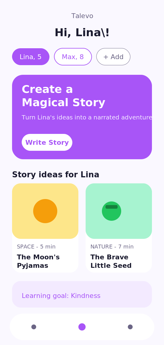 Talevo app home screen showing child profiles, a Create a Magical Story card, and two personalized story ideas for Lina