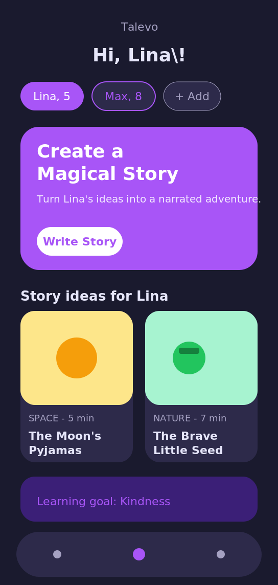 Talevo app home screen showing child profiles, a Create a Magical Story card, and two personalized story ideas for Lina dark-mode