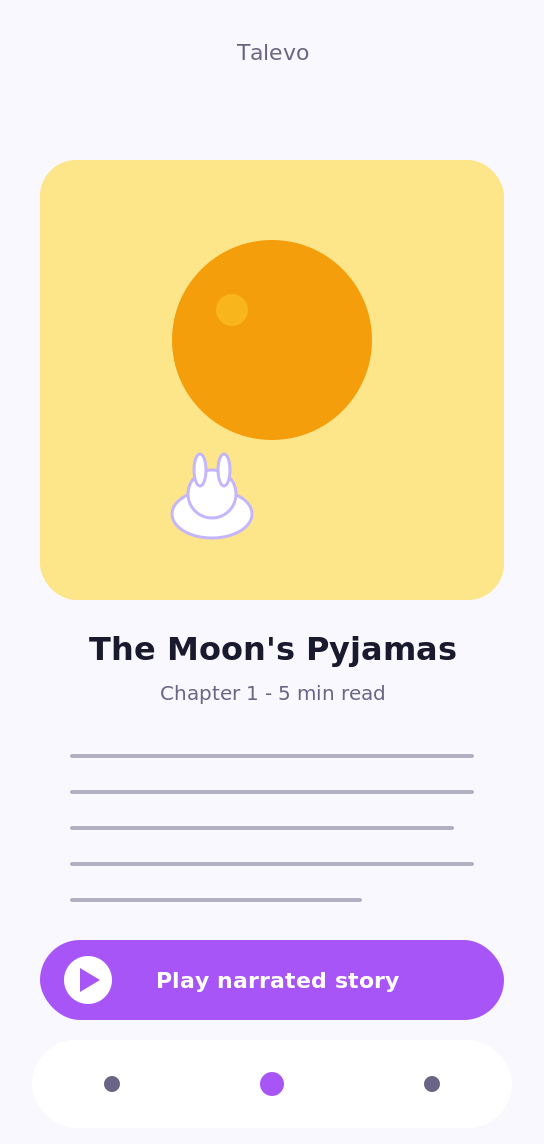Talevo story reader screen with a full-page illustration of The Moon's Pyjamas and a large Play narrated story button
