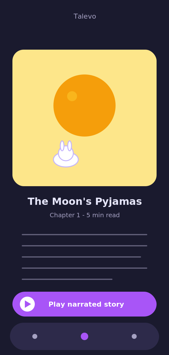 Talevo story reader screen with a full-page illustration of The Moon's Pyjamas and a large Play narrated story button dark-mode