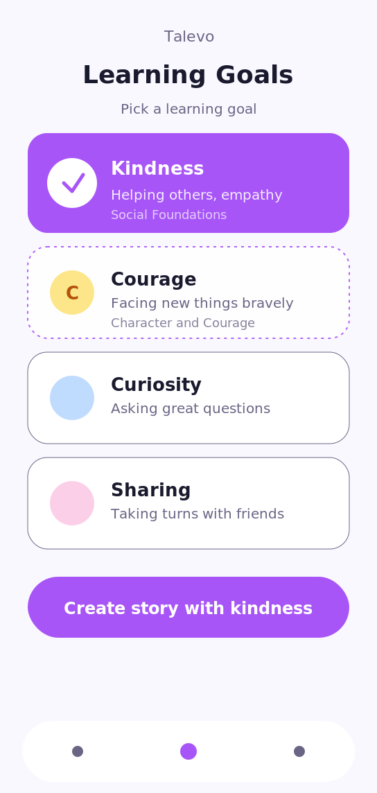 Talevo learning goals picker showing Kindness selected with Courage, Curiosity and Sharing as additional options