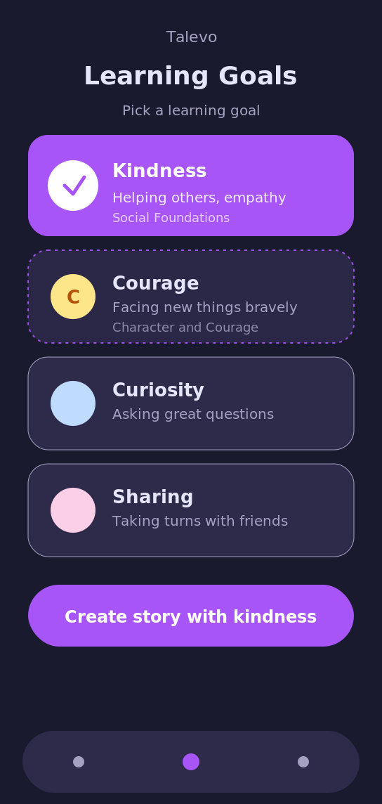 Talevo learning goals picker showing Kindness selected with Courage, Curiosity and Sharing as additional options dark-mode