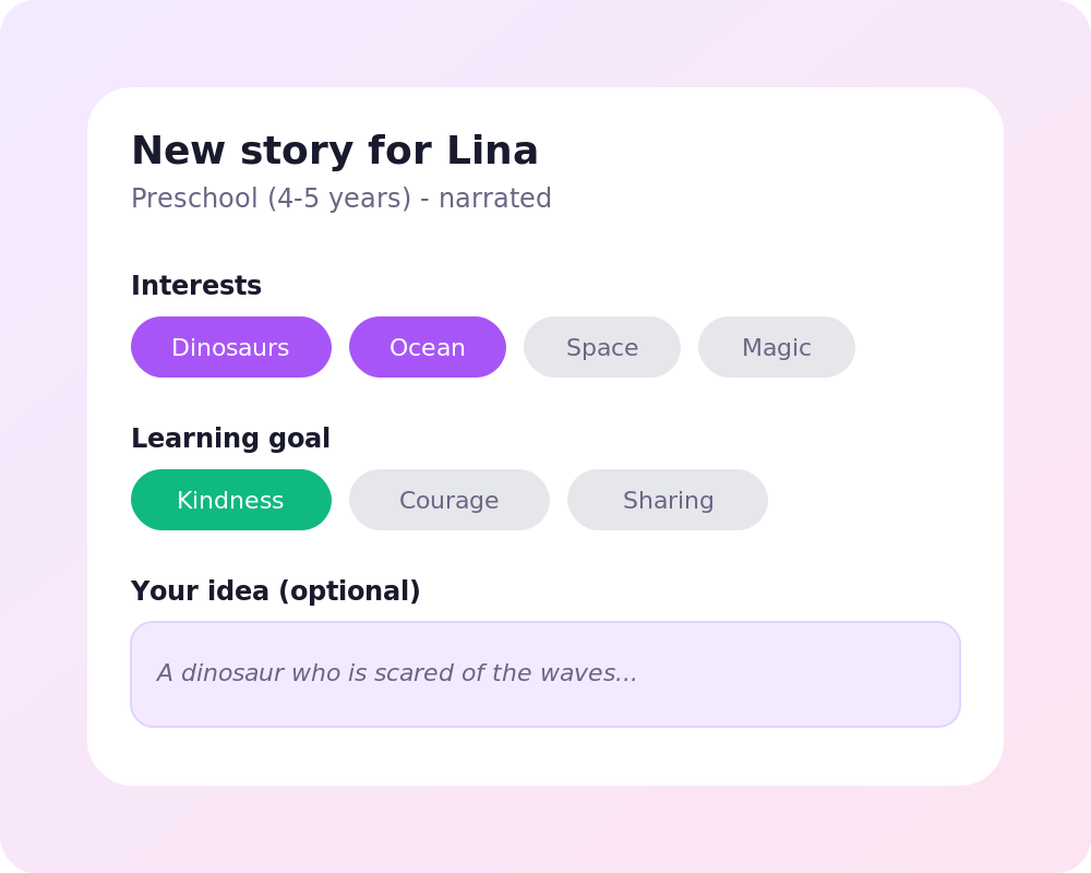 Parent setup screen in Talevo showing child profile, interest tags like Dinosaurs and Ocean, and selected learning goal Kindness