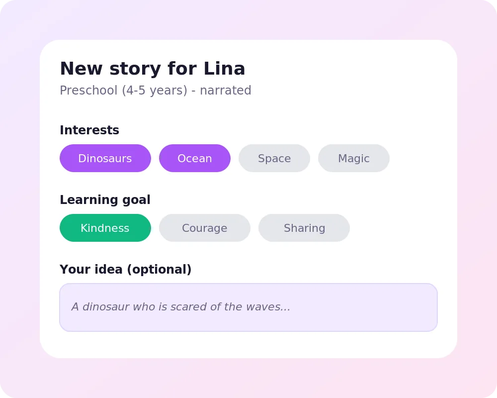 Parent setup screen in Talevo showing child profile, interest tags like Dinosaurs and Ocean, and selected learning goal Kindness