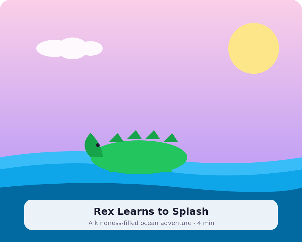 Sample Talevo story titled Rex Learns to Splash showing a friendly dinosaur by the sea with a sunny sky