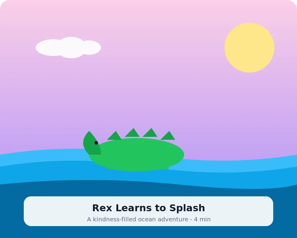 Sample Talevo story titled Rex Learns to Splash showing a friendly dinosaur by the sea with a sunny sky